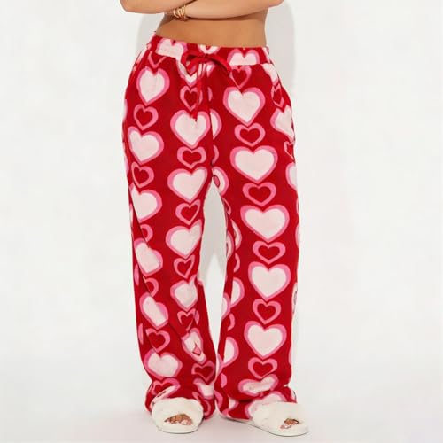 Image of Valentine's Day Flannel Pants Women's Romantic Heart Print Elastic Drawstring Waistband Wide Leg Loose Fit Trousers