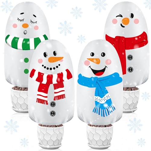 Wowangce 4 Pieces Christmas Plant Cover Snowman Freeze Protection Plant Pot Cover Outdoor Shrub Protection Decor with Drawstring Christmas Decoration for Tree Shrub Bushes Winter Cold Frost Freeze
