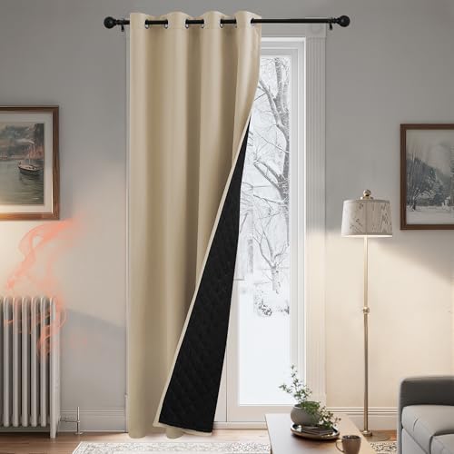 PONY DANCE Tenda Termica Isolante per Porta 1 Pezzo L 140 x A 240 cm Doppio Strato 100% Tende Oscuranti Camera da Letto con Anelli Curtain Pesanti Antifreddo, Beige