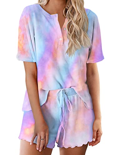 Image of Ekouaer Pajamas Set for Women Short Sleeve Lounge Set 2 Piece Loungewear PJs Soft Cute Lightweight Sleepwear