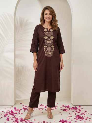 Image of Women's Jam Cotton Silk Co-ord Kurta Set With Pants | Ethnic Wear Solid Lightweight Straight Kurta With Pant