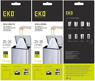 EKO Size F Bin Liners For Kitchen Bins - 40 - 60 Litre Capacity - Extra Strong Bags with Drawstring Tie Handles - 12 Bags,White