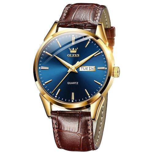OLEVS Men Watch Leather Analog Quartz Male Dress Week Date Business Classic Luminous Blue Face Brown Leather Strap 3ATM Waterproof Wrist Watch Lovers