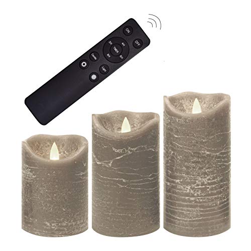 Image of Battery Operated Flameless Candles with Remote Timer Real Wax Realistic Bright Flicker Flickering Electric Electronic LED Pillar Lights Home Wedding Party Decorations Set of 3 Rustic Texture Gray Grey