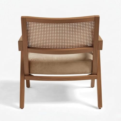 Image of Kingsman Furnitures ABEL Rattan Teak Wood Accent Arm Chair for Home Bedroom, Living, Dining, Drawing Room | Ultra Soft and Comfortable for Stress Free | Removable Cushion (Beige Velvet)