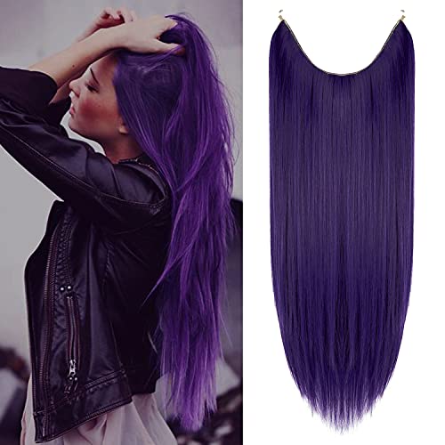 Deep Purple Hair Extensions 22 Inch 4.2 Oz Invisible Secret Wire Hair Extensions One Piece Long Straight Hair Piece Synthetic Hairpieces for Women No Clip