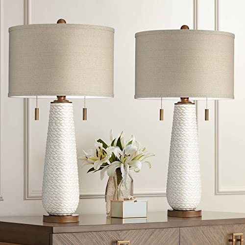 wall lamp Kingston Mid Century Modern Table Lamps 32 3/4" Tall Set of 2 White Textured Ceramic Taupe Drum Shade Decor for Bedroom Living Family Room Bedside Nightstand House Home Office wall lamp