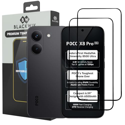 Image of Blackwik Premium Tempered Glass Screen Protector for Poco X8 Pro with Edge-To-Edge Protector Coverage | Easy Installation Kit (Black) (Pack Of 2)