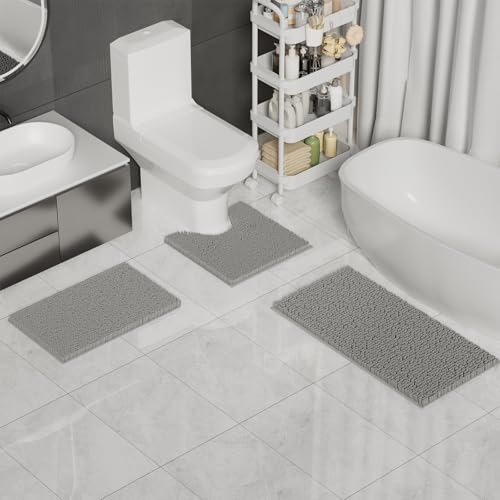 UHOUSEST Badematte rutschfest, Weicher Badezimmerteppich-Wasserabsorbierend Badematte, Maschinenwaschbar Badvorleger, für Badewanne und Toilette-Hellgrau 3 Stück – Bild 3