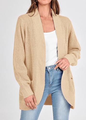 Image of KIRUNDO Cardigan Sweaters for Women 2024 Fall Open Front Long Sleeve Loose Lightweight Knit Sweater Coat with Pockets(Apricot, Large)
