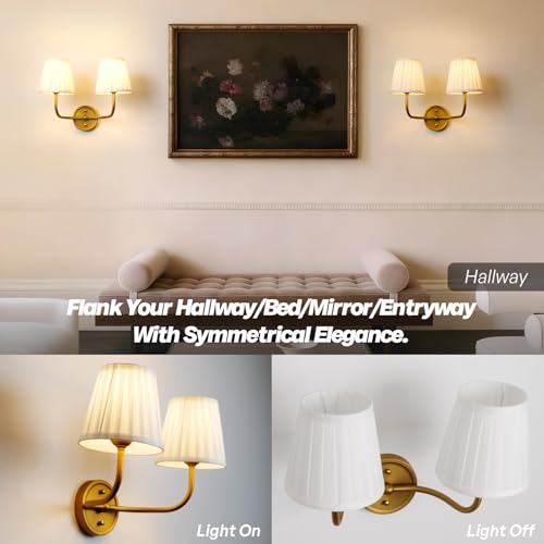 Teqinchy Vintage 2-Lights Wall Sconce Light Brass Gold Bathroom Vanity Light with White Cotton Fabric Shade Hardwire Double Wall Sconce Lamp for Bedroom Living Room Bathroom Hallway Indoor by Teqinchy - Image 7