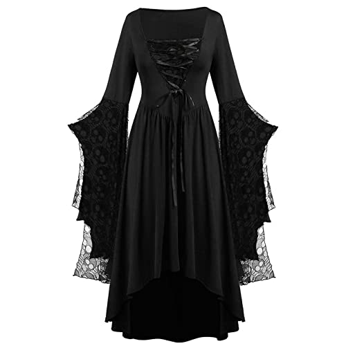 Gothic Halloween Kleid Kostüm Damen, Übergröße A-Linie Schnüren Maxi Kleider Gothic Kleid Damen Vintage Schwarz Mittelalterliches Kleid mit...