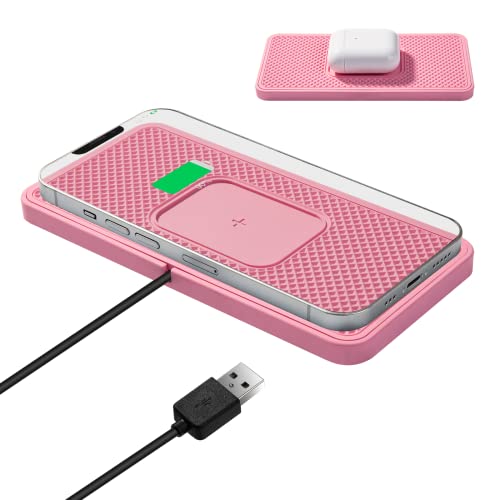Pad De Charge sans Fil,Polmxs 15W Chargeur de Voiture Sans Fil Rapide,Chargeur de Téléphone Sans Fil Mignon Antidérapant,Tapis de Charge Sans Fil Qi Pour AirPods/iPhone 13/12/11 Samsung S21/S20 (Rose) Cover