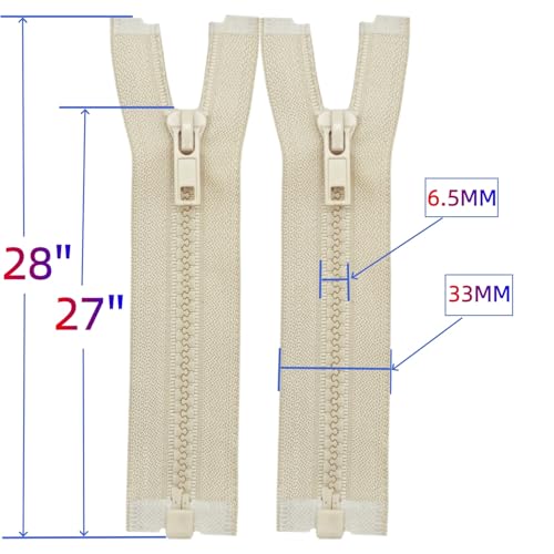 Image of MebuZip 2PCS #5 27 Inch Separating Jacket Zippers for Sewing (Beige) | Resin Zipper Molded Plastic Zippers Bulk for Sewing Jackets Coats Clothes