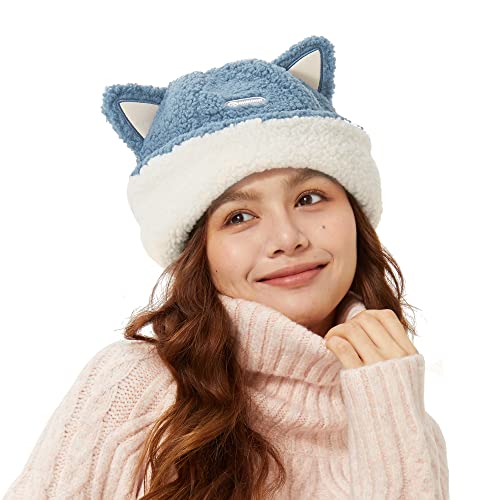 Cat Ear Warm Cuffed Beanie Hat For Women Teens Girls Skull Cap With Adjustable Drawcord Winter Faux Lamb Fleece Caps Blue #TOP2