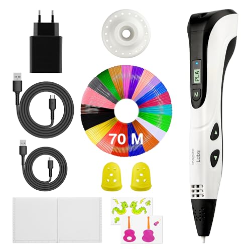 Boligrafo 3D Inspire Labs, Creatividad y Diversión para Niños y Adultos con Apagado Seguro, Base de Silicona, Modo Automático/Manual, 70  M Filamento PLA (14 Colores) + Guía en Español