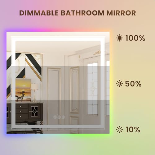 Image of WTTY RGB LED Bathroom Mirror 36 inchx36 inch with Backlit and 3 Front Light,Stepless Dimmable LED Mirror for Bathroom,Lighted Bathroom Vanity Mirror for Wall,Anti-Fog,Memory Function,Shatter-Proof
