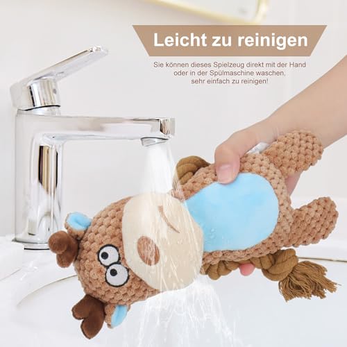 TONYFY Hundespielzeug, Hund Quietschspielzeug mit Knitterpapier, Plüschtier Hund Plüsch Kauspielzeug, Baumwollseil interaktives Spielzeug für Welpen, kleine, mittlere Hunde (Kamelfarbener Elch)