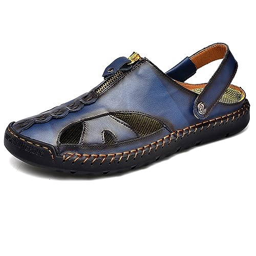RiceelSor Mens Closed Toe Leather Handmade Sandals Adjustable Heel Strap Slip on Large Size SummerBreathable Comfortable Lightweight Beach Outdoor Fisherman Slippers