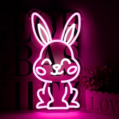 Image of Easter Rabbit Neon Sign for Wall Decor,Dimmable Led Pink Rabbit Neon Signs, USB Powered Rabbit Neon Lights for Children's Room Decoration, Easter Gifts, Birthday Parties Gift