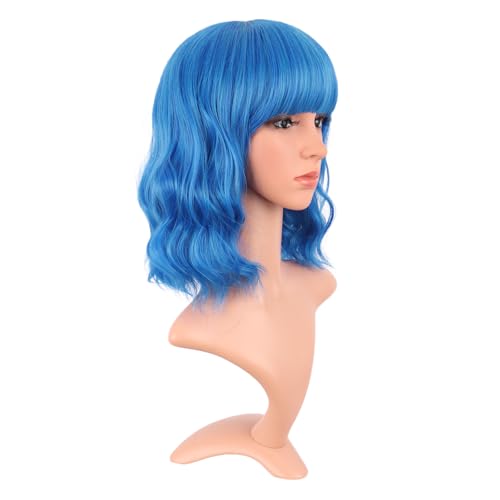 Image of MapofBeauty 14 Inch /35 cm Short Wavy Curly Women Fresh Bright Synthetic Ordinary Flat Bangs Bob Wig (Mixed Light Blue)