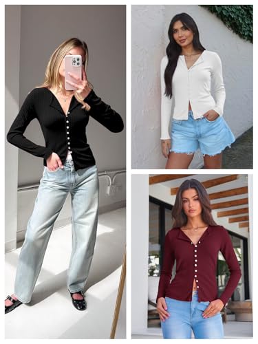 Womens Cardigans Button Down Long Sleeve Ribbed Shirts Cute Lighweight Fitted Y2K Fall Tops3