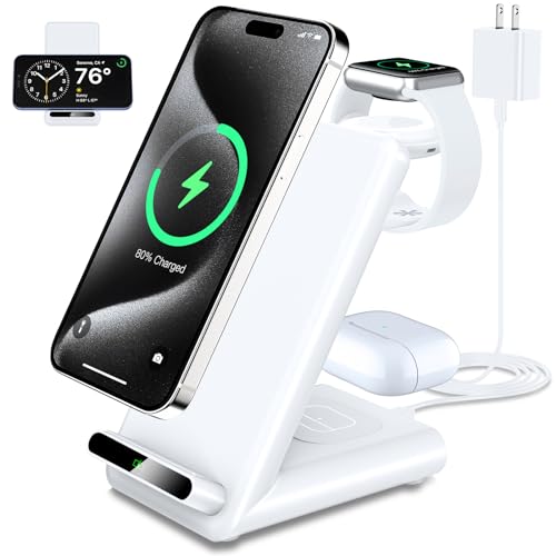Wireless Charging Station,3 in 1 Wireless Charging Stand Made for Apple Watch Ultra 9 8 7 6 SE 5 4 3,Fast Wireless Charger Made for iPhone 15/Plus/Pro Max/14/13/12/11/X,for AirPods Pro(with Adapter)