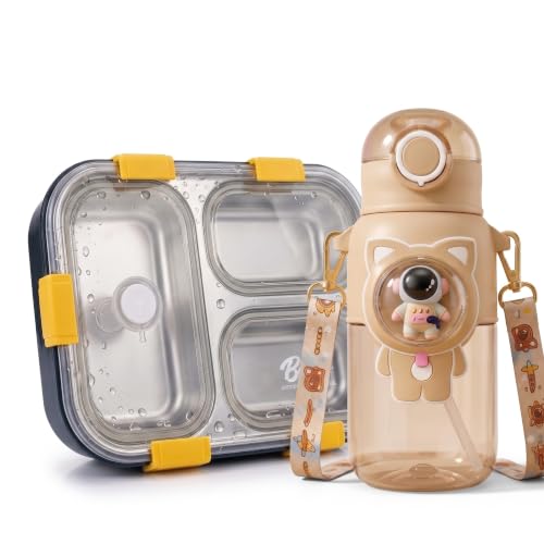 Image of Kids Stainless Steel Lunch Box and Water Bottle Set for School, 3 Compartment Bento Lunch Box with Leak Resistant Lid, Robot Theme Sipper Bottle with Adjustable Carry Strap, Blue