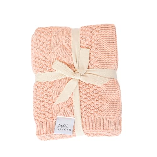 Image of Sweet Acorn Knit Baby Blanket in Cable Pattern, Organic Cotton Blankets for Crib or Stroller, Receiving Blankets - Dahlia Pink