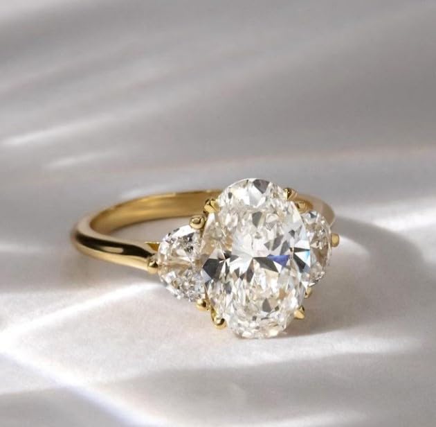 2.50 CT Oval Cut Diamond Engagement Ring, Three Stone Engagement Ring, Side Half Moon Lab Diamonds, 14k Solid Yellow Gold Plated Diamond Ring,Gifted Ring For Her,size 3-12.2