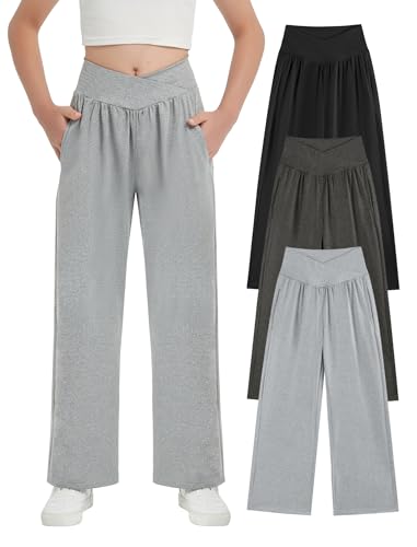 Image of EXARUS 3 Pack Girls Wide Leg Pants Baggy /Tapered Loose Casual Summer | Teen Flowy Tween Beach School Vacation Trousers Youth Junior Preteen Bottoms Lightweight Soft Kids 6-14Y
