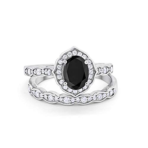 Blue Apple Co. Two Piece Art Deco Vintage Style Wedding Engagement Bridal Set Ring Band Oval Round Simulated Black Cubic Zirconia 925 Sterling Silver Size-6