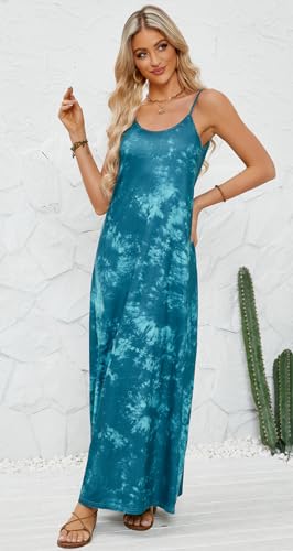 Image of Supnier Women's Summer Maxi Dress Casual V-Neck Sleeveless Bohemian Spaghetti Strap Floral Long Maxi Dress with Pockets