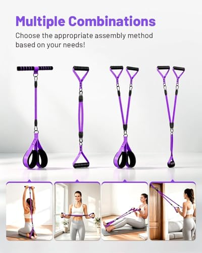 Multifunction Pedal Resistance Band with Handle, 4 Tubes 30/40/50LB Adjustable Foot Pedal Puller Resistance Band with Foam Handle& Storage for Men Women Core, Arm, Legs, Body Workout Home Gym, Purple — view 3