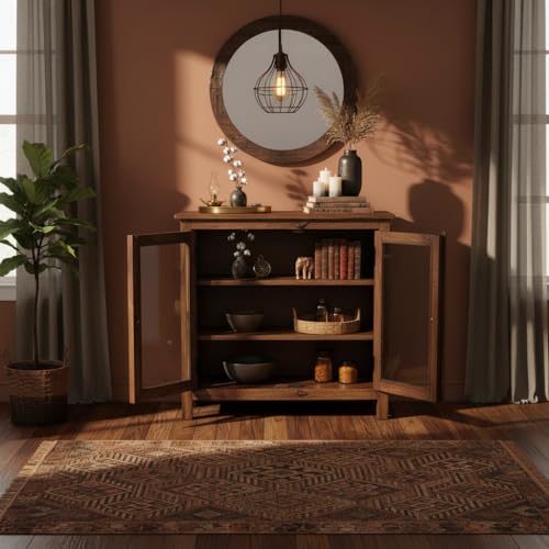 Image of APRODZ 2 Door Cabinet with Wicker Front 2 Shelves | Mango Wood Storage Organizer | Rustic Durable Stylish Wooden Furniture | Compact Design Home Decor (Tubaq)