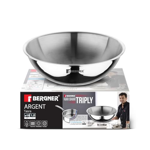 Image of BERGNER Argent 16cm (800ml) Triply Tasra, Mini Tasla Without Lid, Consumes Less Oil, Healthy Cooking, Even and Faster Heat Distribution, Flared Rim, Easy to Clean - Induction and Gas Stove Ready