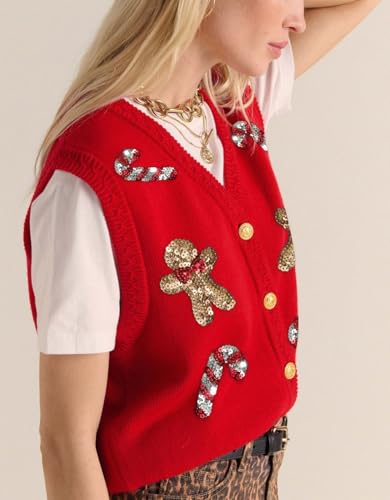 Image of Women Christmas Knit Vest Top Santa Embroidery Sleeveless Button Down Sweater Vest Xmas Snowman Cardigans Tank Top