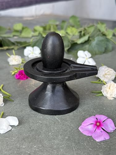 Image of Shivam VASTU AKAL 1.5 inch Original Narmadeshwar Narmada Shivling with 3 inch Narmada Stone Yoni Base Jaladhari (Black Shivling, Black Damtu Jaladhari)