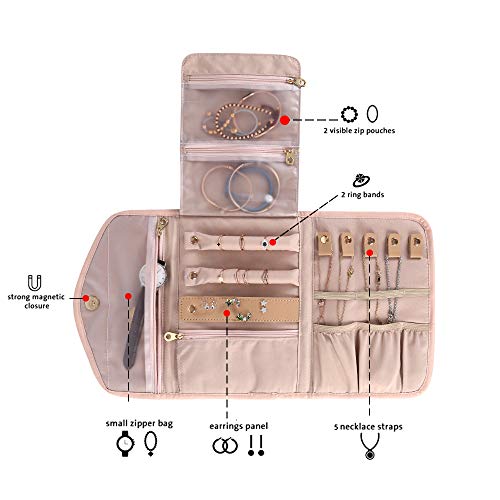 KUAK Travel Jewelry Organizer Roll Foldable Jewelry Roll Bag Small Jewelry Storage Bag for Journey-Rings, Necklaces, Bracelets, Earrings, Soft Pink - Image 3
