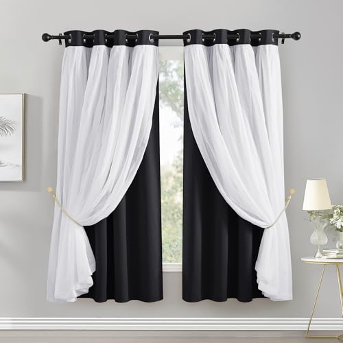 Image of PONY DANCE Black Out Curtains Short 63 inches Long, 52 x 63 inches, Pack-2 | 2 Layers Sheer Overlay Drapes Blackout Elegant Window Covering for Bedroom, Black