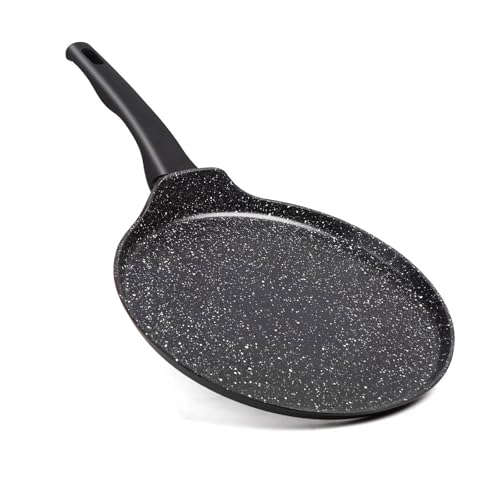 30cm Non-Stick Crepe Pan with Stay-Cool Handle – Induction Compatible Aluminium Pancake Pan – Black Marble Griddle for Crepes, Eggs & Rotis