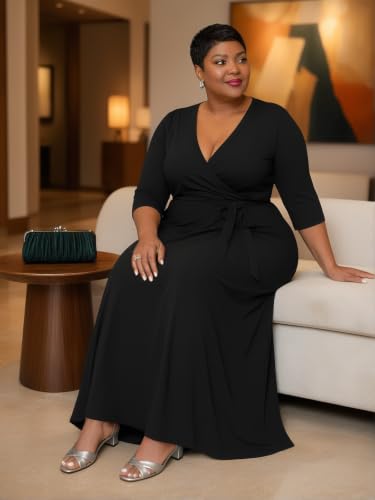 Image of SUZONANA Plus Size Maxi Dresses for Curcy Women Casual Loose 3 /4 Sleeve Long Dress with Belt