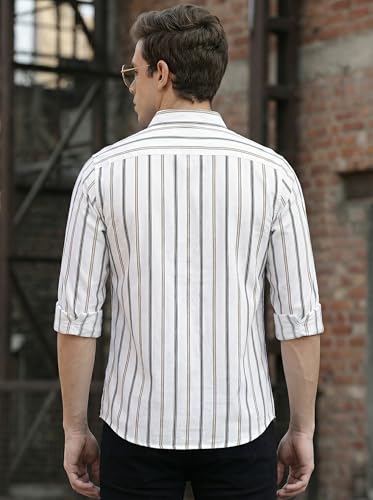 Image of IndoPrimo Men's White Striped Slim Fit Casual Shirt | Premium Cotton Full Sleeve Button-Down Shirt with Chest Pocket | Stylish Office