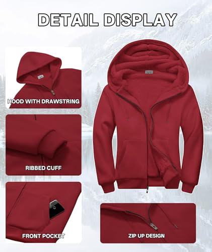 Image of V VALANCH Men Hoodies Zip Up Sherpa Lined Sweatshirts Heavyweight Thick Warm Fleece Winter Jacket