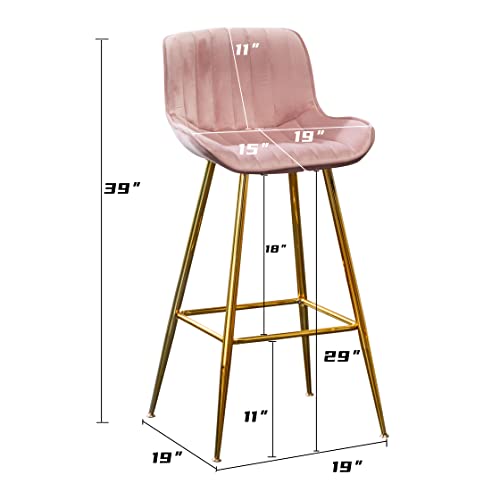 Image of Sidanli 29 Inch Bar Stools Set of 2, Pink Barstools with Back and Gold Plated Legs, Upholstered Barstools for Bar, Living Room, Kitchen Island, Farmhouse