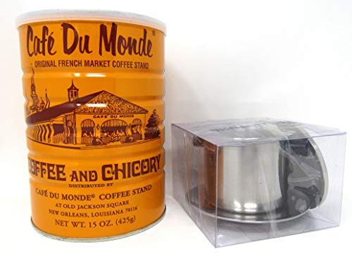 Cafe Du Monde 15oz can with Stainless Steel Vietnamese Coffee Maker Filter Set | French Press Style Coffee Filters | Pour Over Coffee Dripper | Portable Coffee Makers 1 Cup | Single Serve Coffee Maker | Reusable Coffee Press |