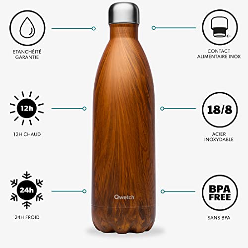 Qwetch, Insulated Originals Bottle, Wood 1000 ml, Stainless Steel Water Bottle, 24h Cold and 12h Hot, Leakproof - Image 2