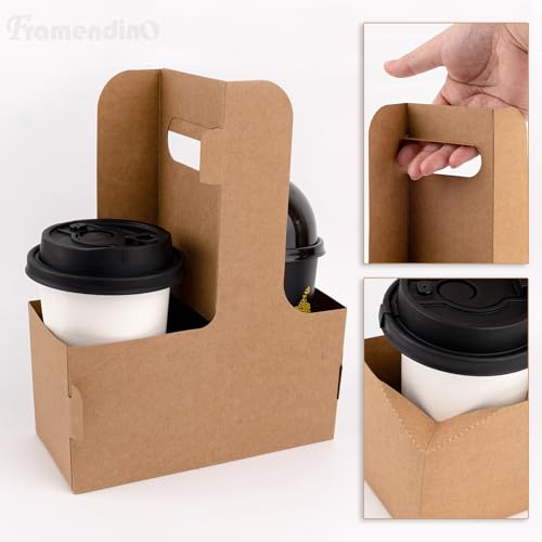 Framendino, 60 Pack 2 Cup Drink Carrier with Handle Disposable Cup Holders for Drinks Paperboard Beverage Holder Food Delivery Service (Brown) - Thumbnail 4