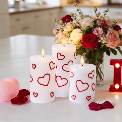 Image of Valentines Day Heart Candles, Real Wax Flameless Pillar Candles with Remote, Real Wax Flickering LED Pillar Candles Valentine's Day Candles Gifts for Her Him Wife Mom Home Party Decor, 3 Pack