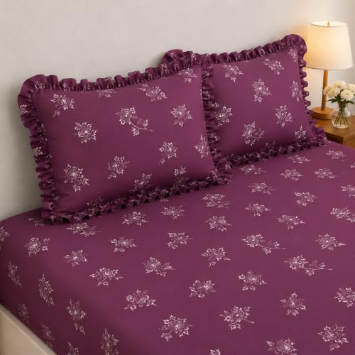 Image of King Size Fitted Bedsheet for Double Bed | 300 TC Cotton Feel Microfiber | All Around Elastic with 2 Frill Pillow Covers | Soft & Durable | (Design4, Fitted -60x78 Queen)